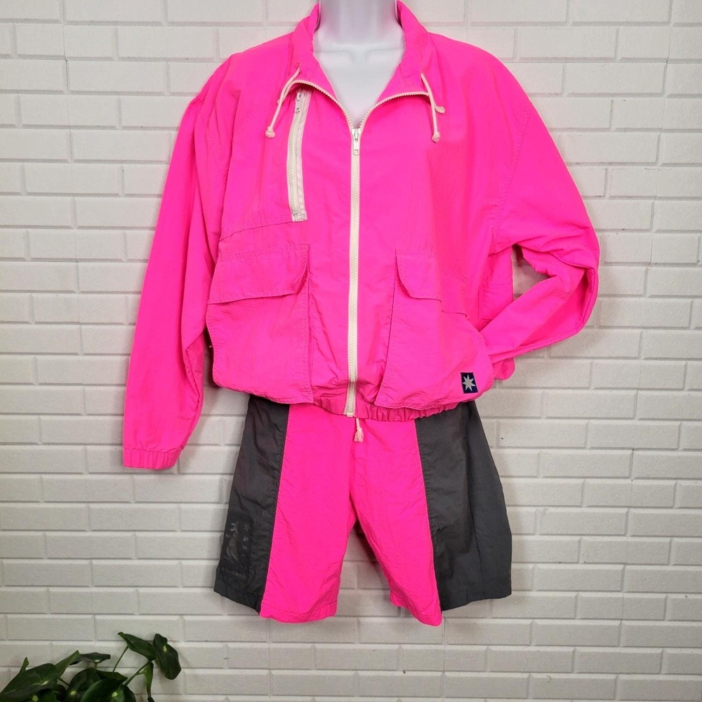 Vintage 80s Starbus‎ Australia windbreaker shorts set sz S hot pink retro sporty